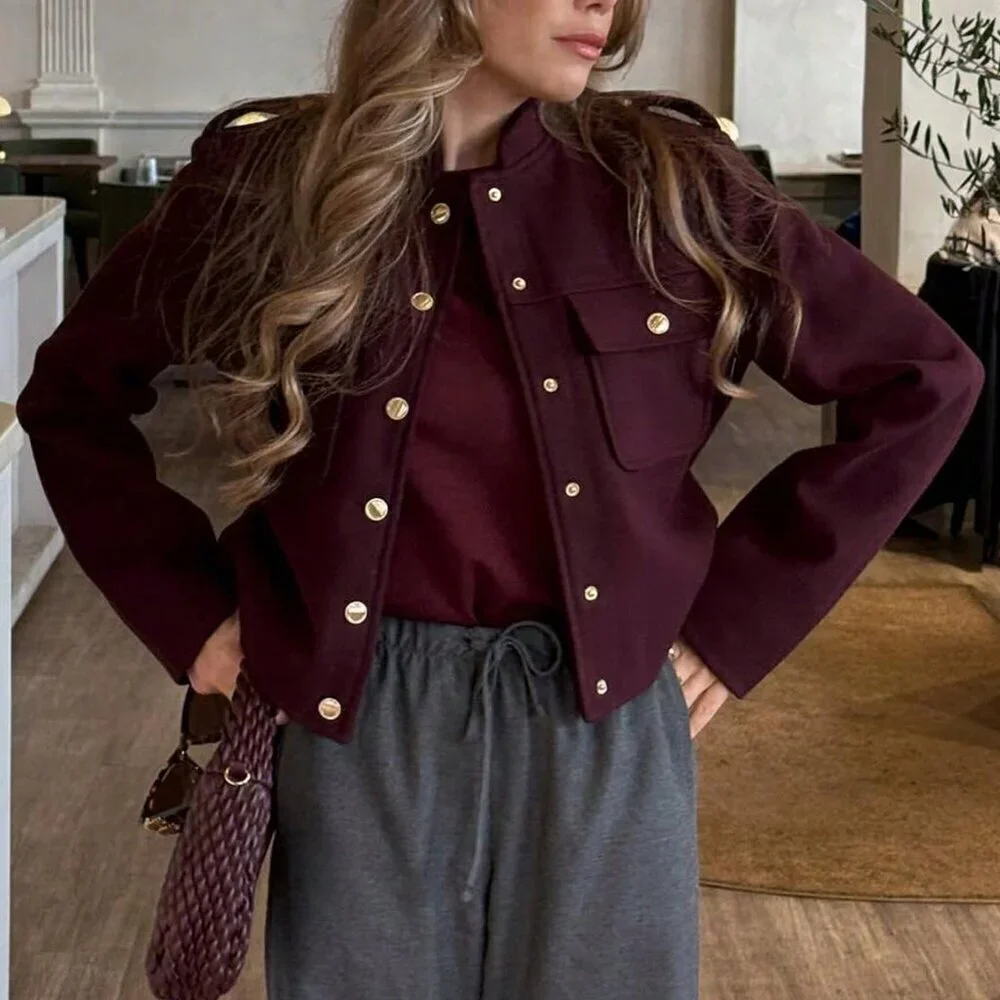 Burgundy Casual Women's Pockets Buttons detailed Jacket